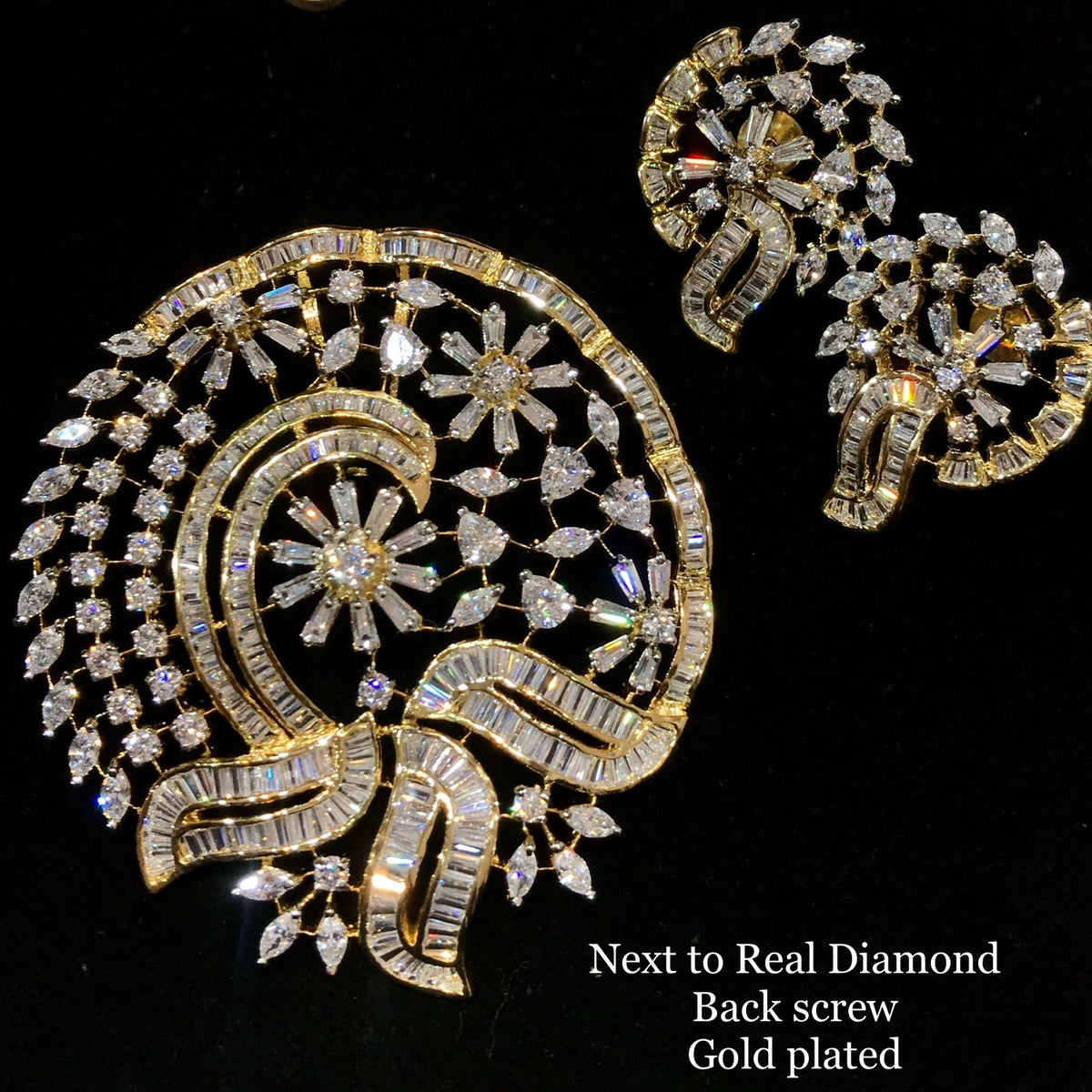1 Gram Gold Plated Solitaire style Next to Real Diamond Pendant Set with back screw