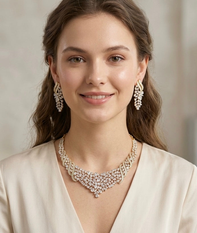 Hitasha- Luxurious 1 Gram Gold Plated & white Rhodium plated Real Diamond inspired Hasli style Necklace Set with Back Screw