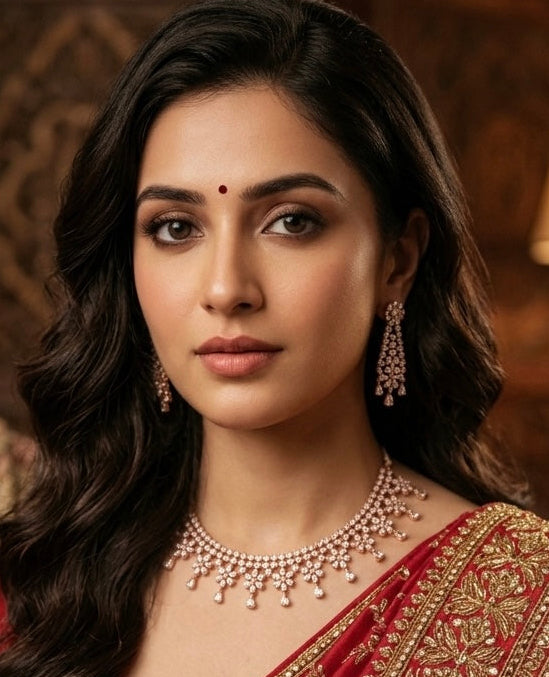 A woman wearing a rich rose gold with matching saree, set against a warm, dark wood-paneled background as heritage look.