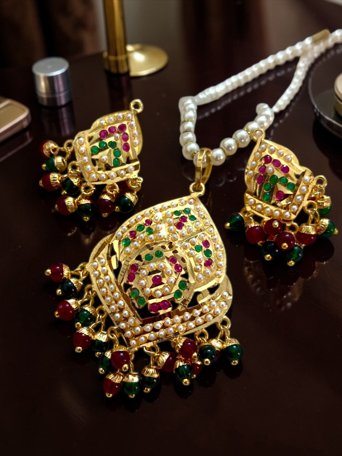 Gold Plated Jadau Pendant Set