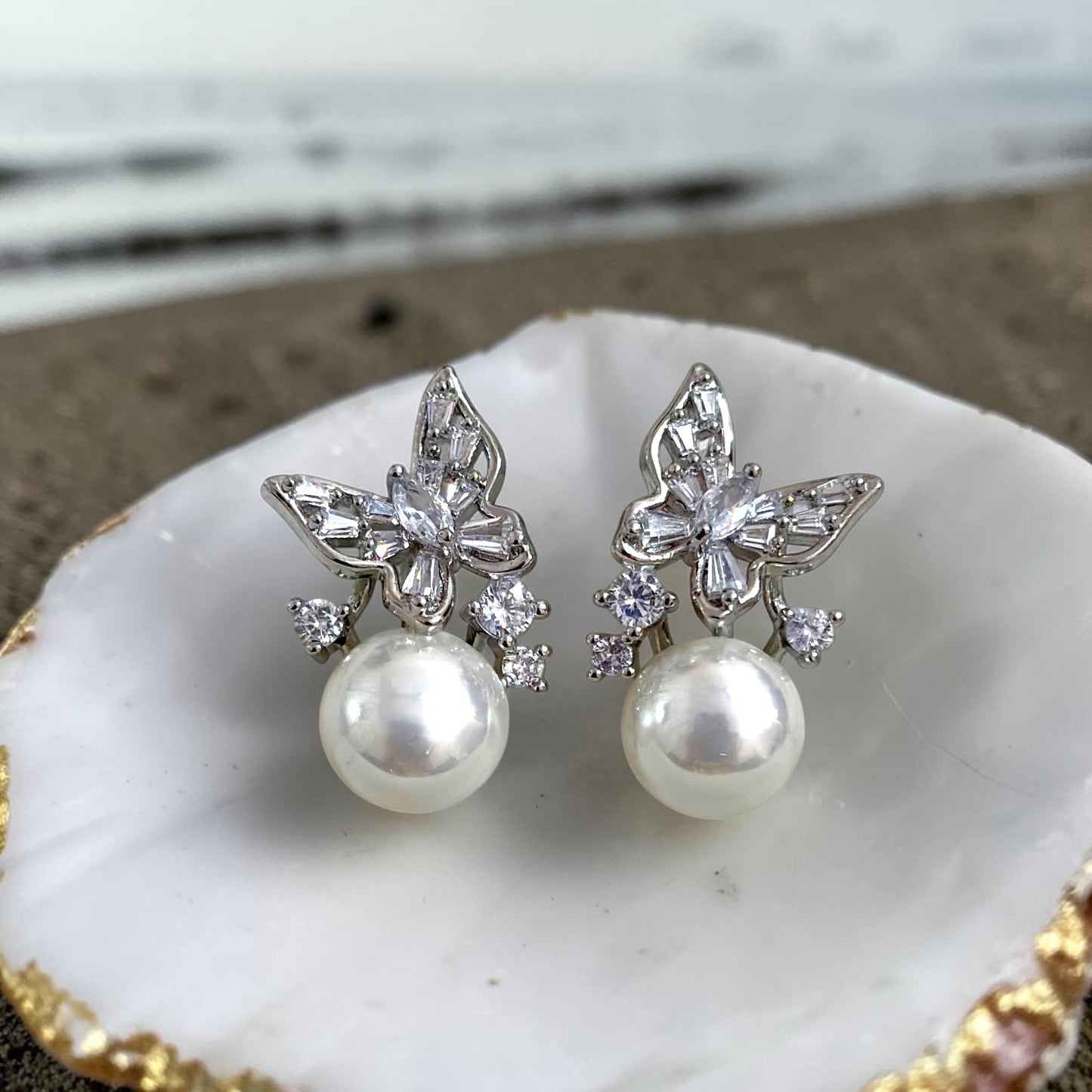 Diamond Butterfly pearl dropping studs