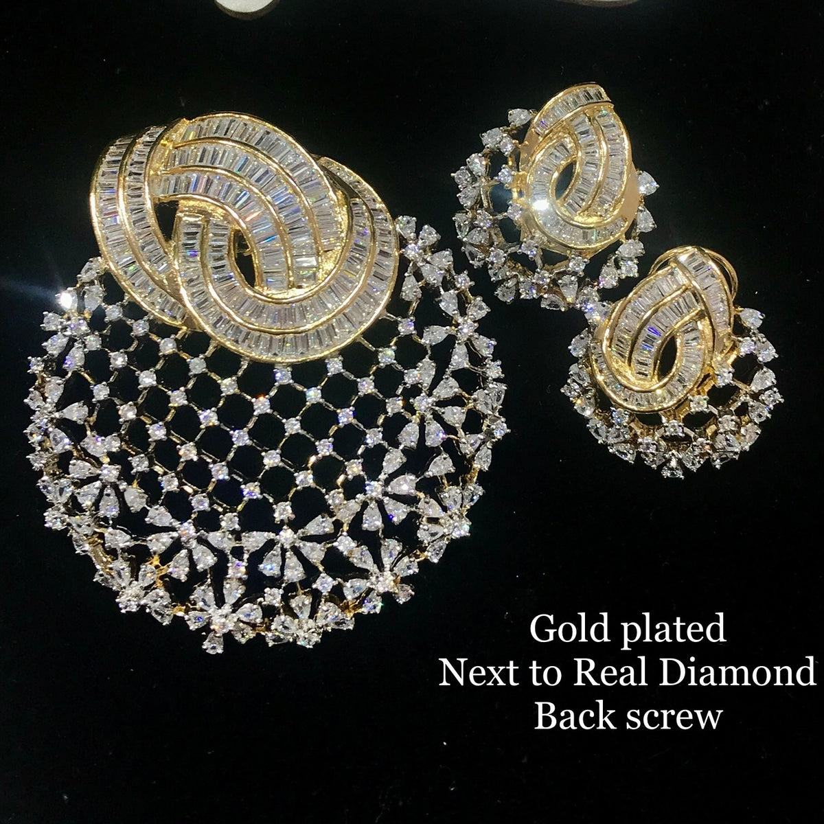 1 Gram Gold Plated Solitaire style Next to Real Diamond Pendant Set with back screw