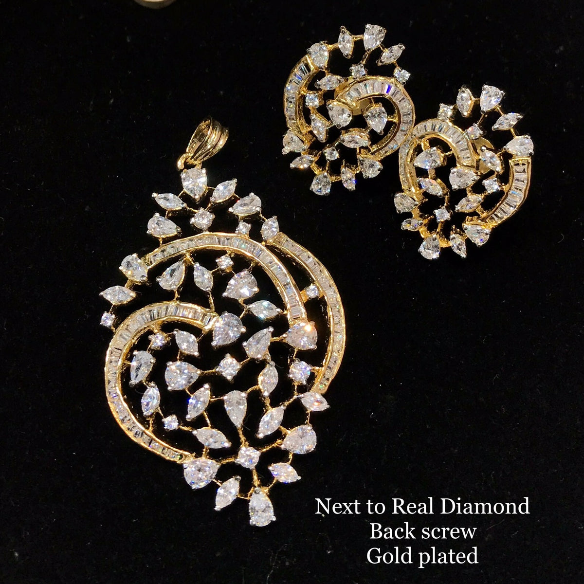 1 Gram Gold Plated Solitaire style Next to Real Diamond Pendant Set with back screw