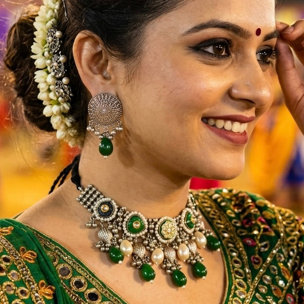 Zaara Zewar - Statement Handcrafted Heritage Silver Oxidized Lightweight Necklace Set