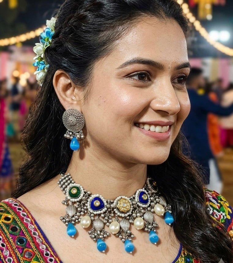 Zaara Zewar - Statement Handcrafted Heritage Silver Oxidized Lightweight Necklace Set