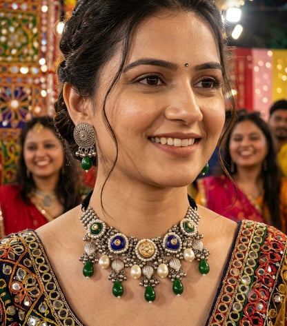 Zaara Zewar - Statement Handcrafted Heritage Silver Oxidized Lightweight Necklace Set