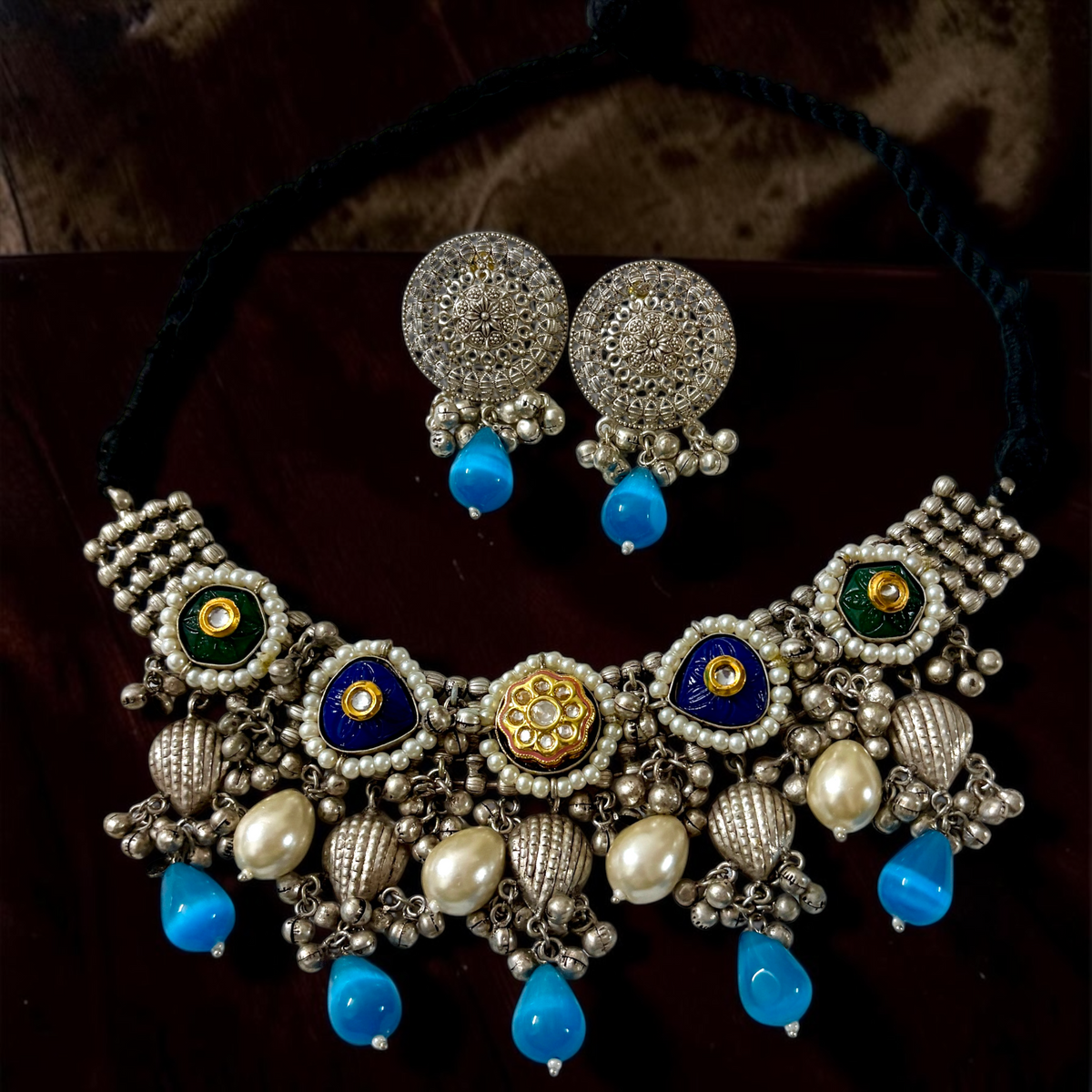 Zaara Zewar - Statement Handcrafted Heritage Silver Oxidized Lightweight Necklace Set