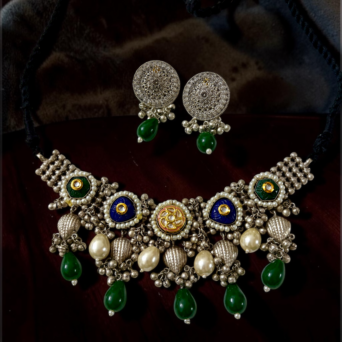 Zaara Zewar - Statement Handcrafted Heritage Silver Oxidized Lightweight Necklace Set