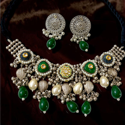 Zaara Zewar - Statement Handcrafted Heritage Silver Oxidized Lightweight Necklace Set