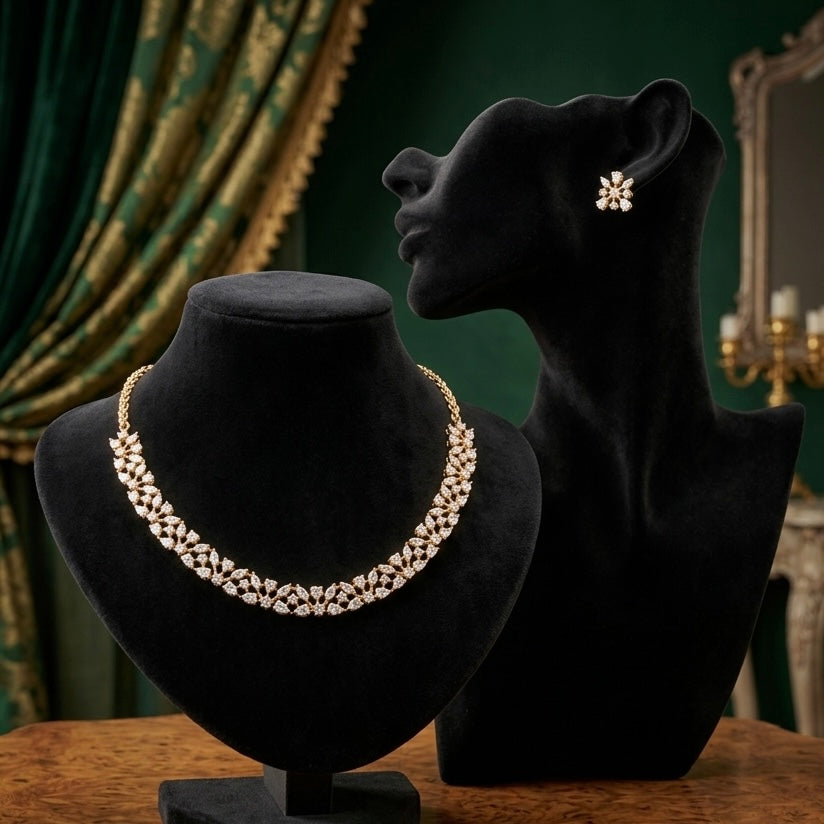 Red Carpet Celebrity- Luxurious 1 Gram Gold Plated & white Rhodium Plated  Real Diamond inspired Hasli style Necklace Set with Back Screw