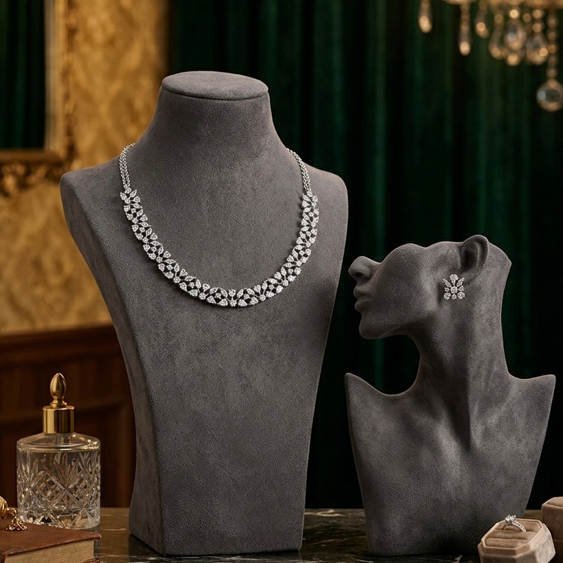 Red Carpet Celebrity- Luxurious 1 Gram Gold Plated & white Rhodium Plated  Real Diamond inspired Hasli style Necklace Set with Back Screw
