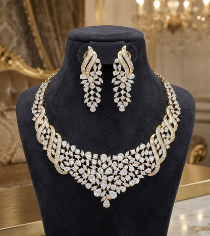 Hitasha- Luxurious 1 Gram Gold Plated & white Rhodium plated Real Diamond inspired Hasli style Necklace Set with Back Screw