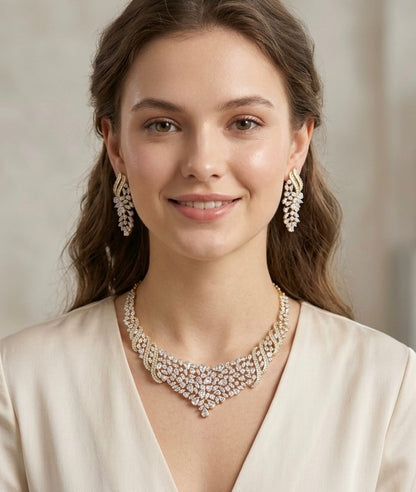 Hitasha- Luxurious 1 Gram Gold Plated & white Rhodium plated Real Diamond inspired Hasli style Necklace Set with Back Screw