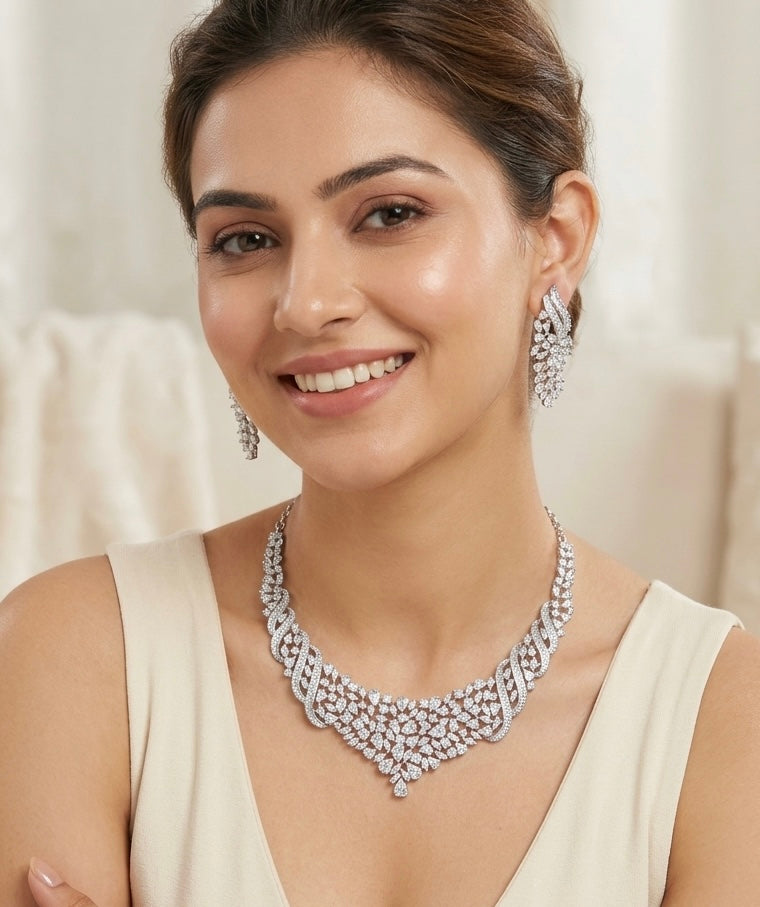 Hitasha- Luxurious 1 Gram Gold Plated & white Rhodium plated Real Diamond inspired Hasli style Necklace Set with Back Screw