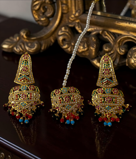 Ashish- 1 Gram Gold Plated Real Jadau Lightweight Maangtikka Set