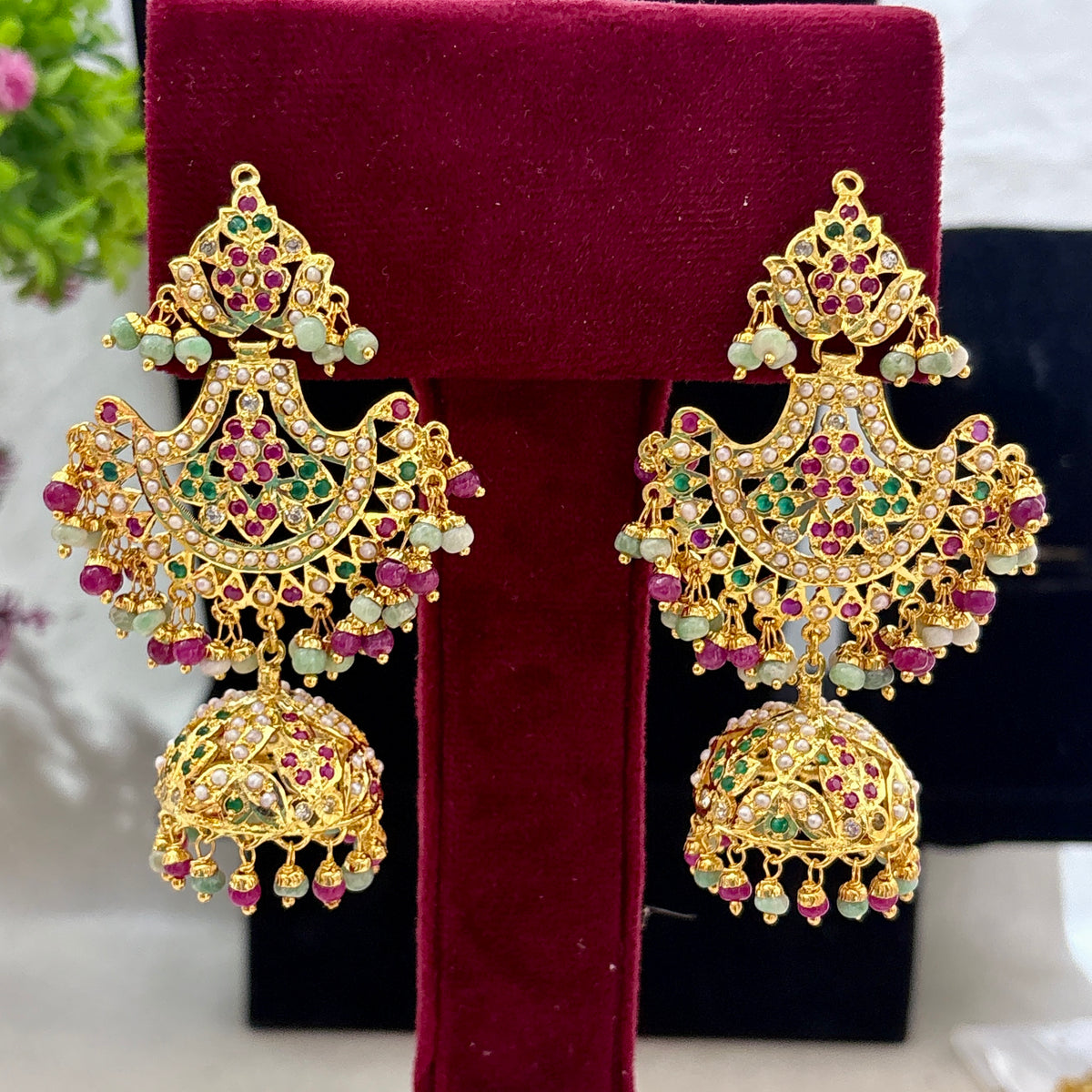 Cuteleen- 1 Gram Gold Plated Real Jadau Lightweight jhumki