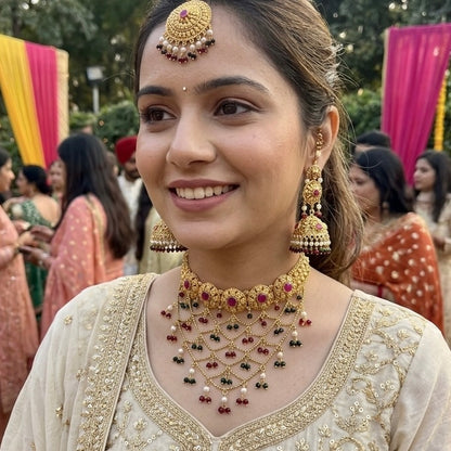 1 Gram Gold Plated Traditional Heritage Antique Finish Flexible Necklace Sets with Jhumki & Maangtikka