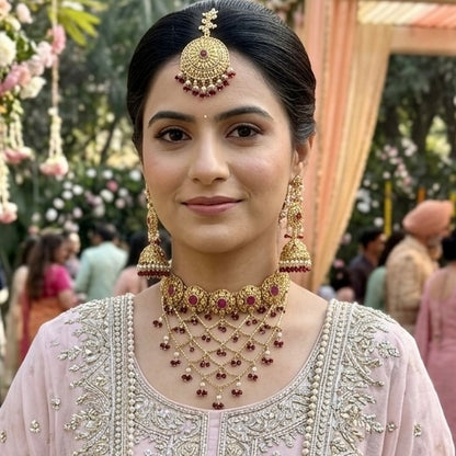 1 Gram Gold Plated Traditional Heritage Antique Finish Flexible Necklace Sets with Jhumki & Maangtikka
