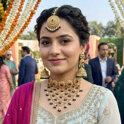 1 Gram Gold Plated Traditional Heritage Antique Finish Flexible Necklace Sets with Jhumki & Maangtikka