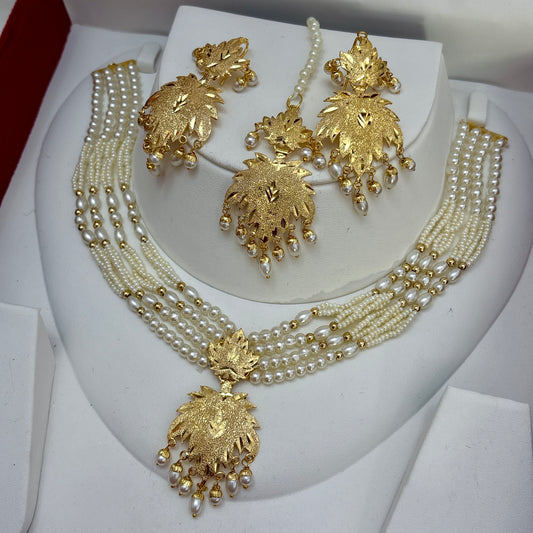Real Gold Look Lightweight 24k Gold plated Traditional Heritage Necklace Set with Mangtikka