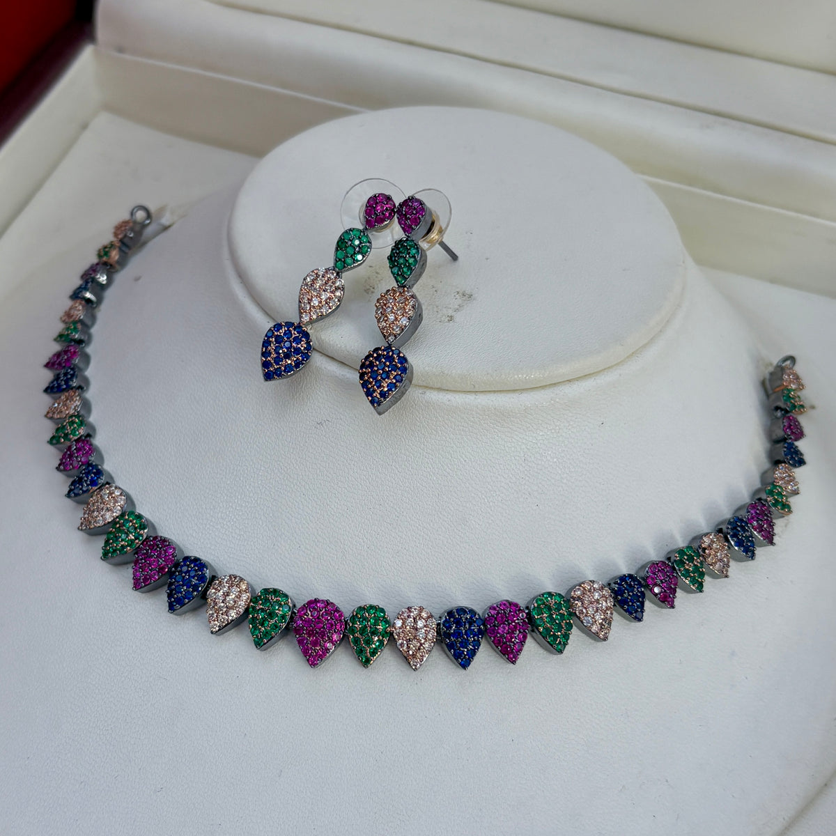 A Cute Tiny Necklace Set With Nano Setting of Multi colors Diamonds