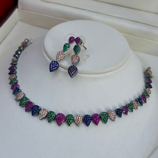 A Cute Tiny Necklace Set With Nano Setting of Multi colors Diamonds