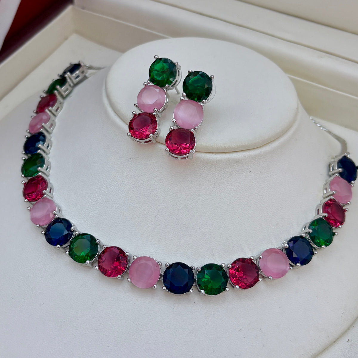 Multicolor Gemstone White Rhodium Necklace – A Stunning Statement of Elegance