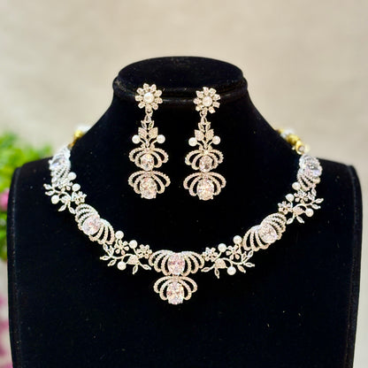 Lotus-Floral leafy American Diamond Lightweight Necklace Set
