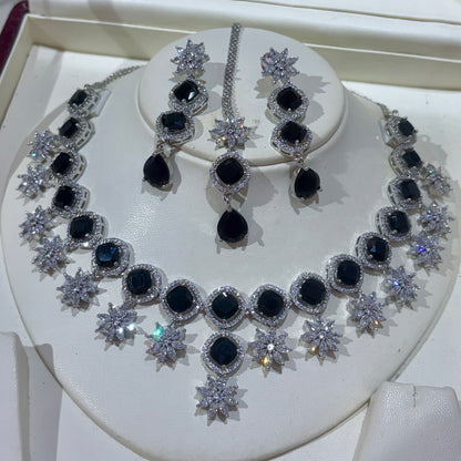 Premium quality Diamonds white rhodium plated starring Necklace sets with Maangtikka