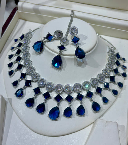 Premium quality Diamonds white rhodium plated dropping Necklace sets with Maangtikka