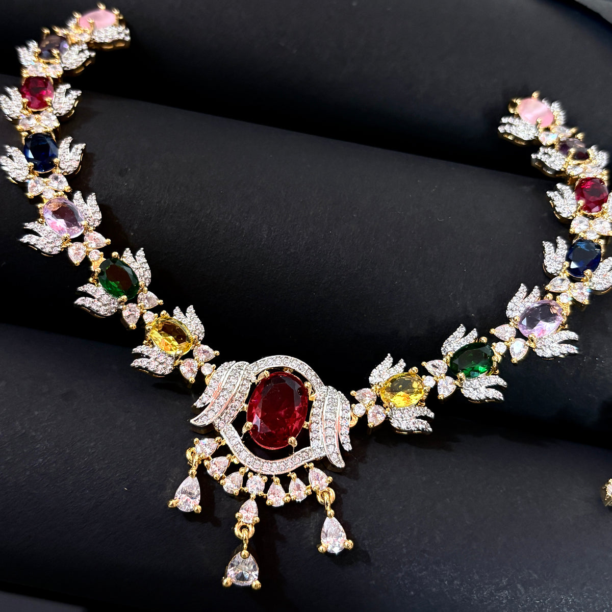 24K Gold Plated-GJ Multicolor Precious Gemstone Lotus Necklace Set
