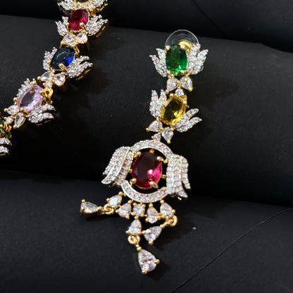 24K Gold Plated-GJ Multicolor Precious Gemstone Lotus Necklace Set