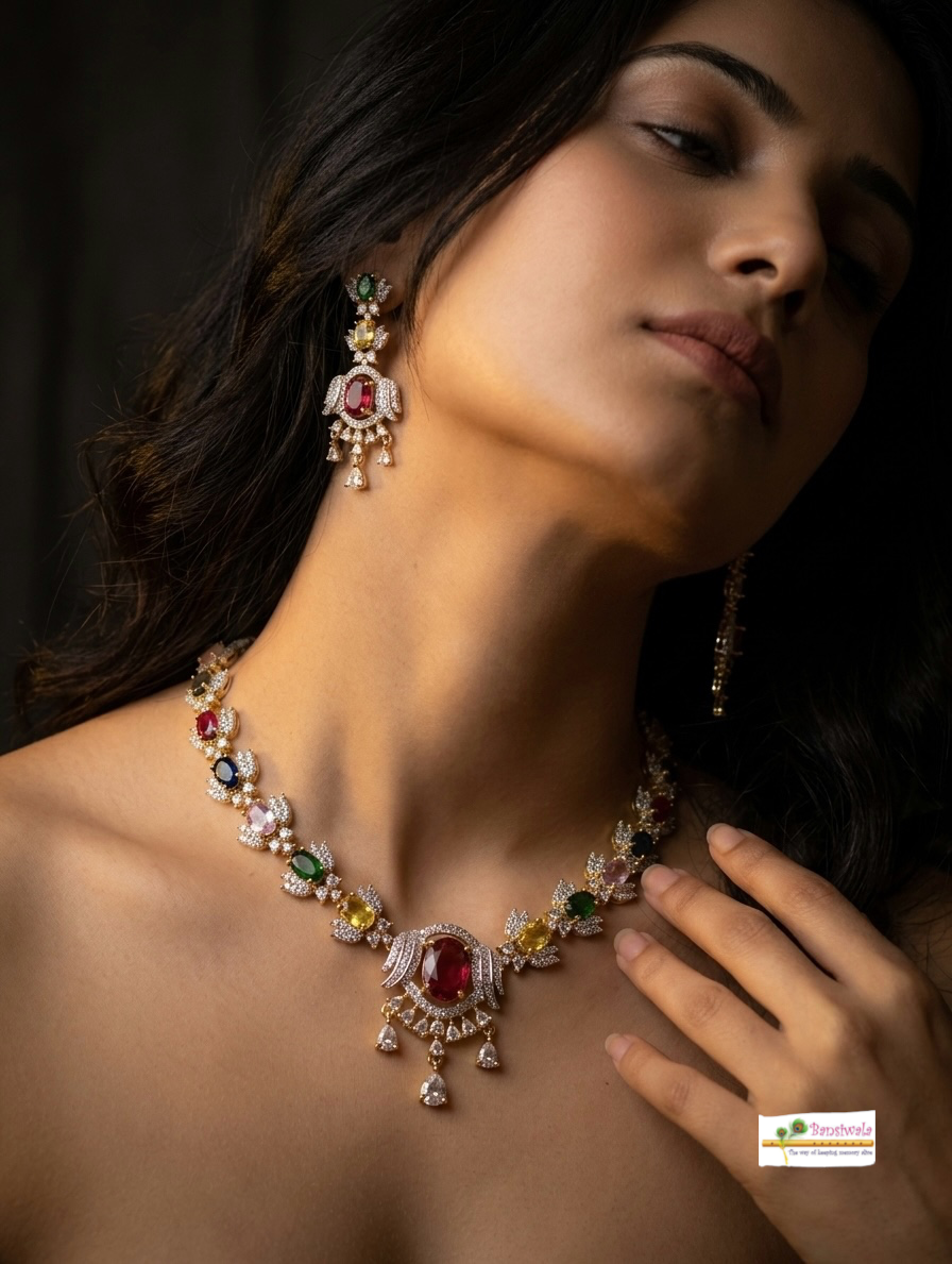24K Gold Plated-GJ Multicolor Precious Gemstone Lotus Necklace Set