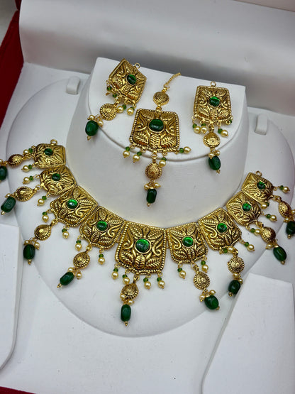 1 Gram Gold Plated flexible lightweight Antique polished Necklace Set with Mangtikka
