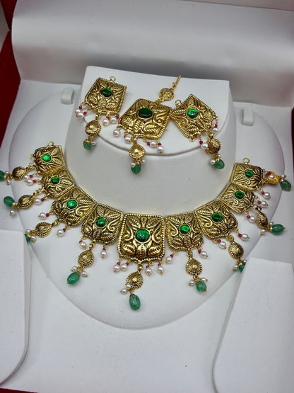 1 Gram Gold Plated flexible lightweight Antique polished Necklace Set with Mangtikka