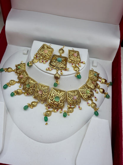 1 Gram Gold Plated flexible lightweight Antique polished Necklace Set with Mangtikka