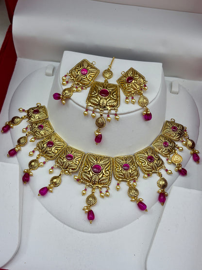 1 Gram Gold Plated flexible lightweight Antique polished Necklace Set with Mangtikka