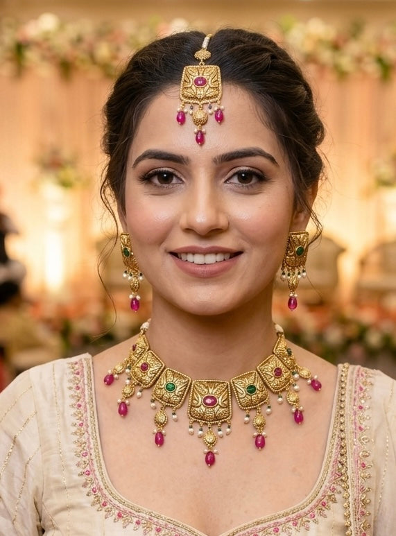 1 Gram Gold Plated flexible lightweight Antique polished Necklace Set with Mangtikka