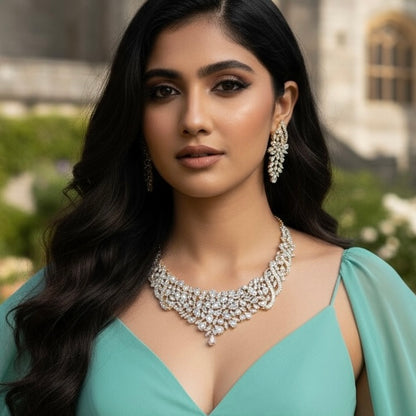 Hitasha- Luxurious 1 Gram Gold Plated & white Rhodium plated Real Diamond inspired Hasli style Necklace Set with Back Screw