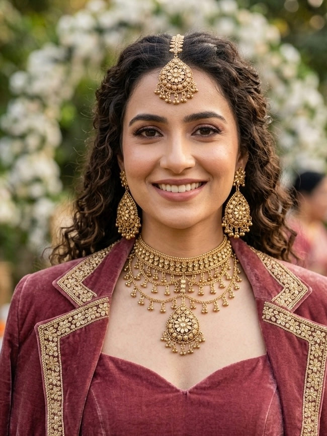 1 Gram Gold Plated flexible lightweight Antique polished Bridal Necklace Set with Mangtikka