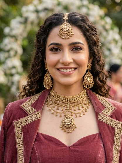 1 Gram Gold Plated flexible lightweight Antique polished Bridal Necklace Set with Mangtikka