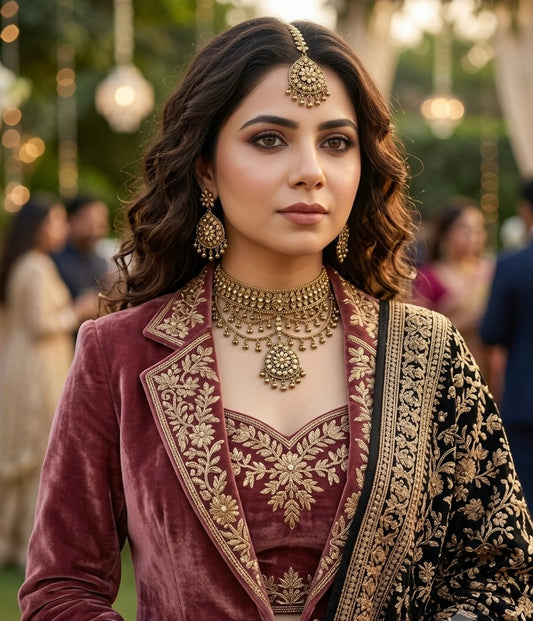 1 Gram Gold Plated flexible lightweight Antique polished Bridal Necklace Set with Mangtikka