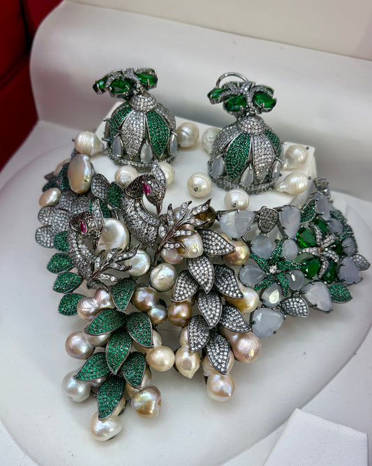 Emerald Diamond Inspired Real Baroque Choker Set with Jhumkis