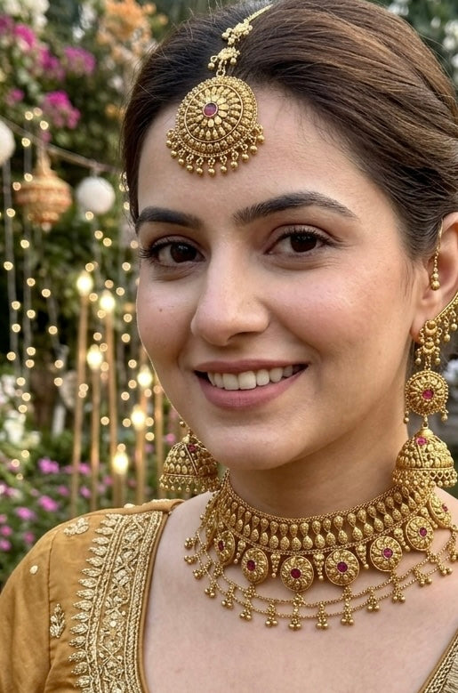 1 Gram Gold Plated Traditional Heritage Antique Finish Flexible Necklace Sets with Jhumki & Maangtikka