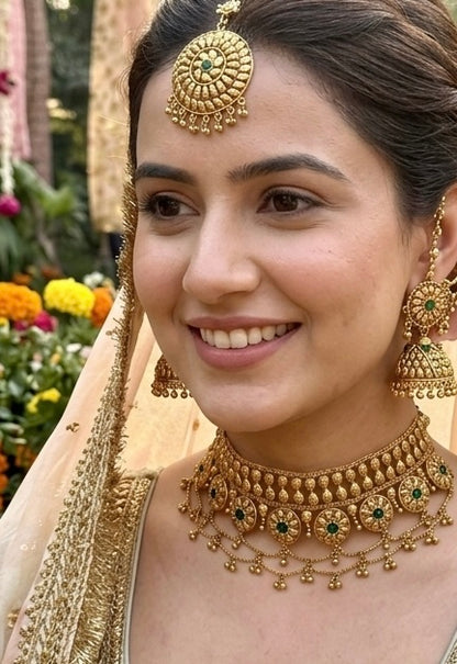 1 Gram Gold Plated Traditional Heritage Antique Finish Flexible Necklace Sets with Jhumki & Maangtikka