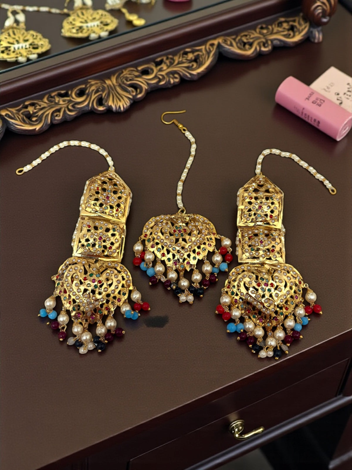 Gold Plated Jadau Lightweight Studs with ear covered, backside pearl chain & Maangtikka