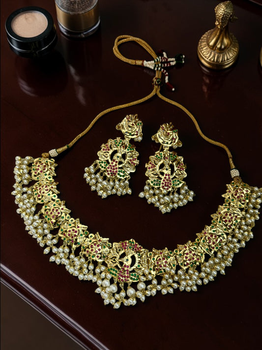 Lyra- 1 Gram Gold plated Traditional Heritage Real Jadau Lightweight flexible Choker Set
