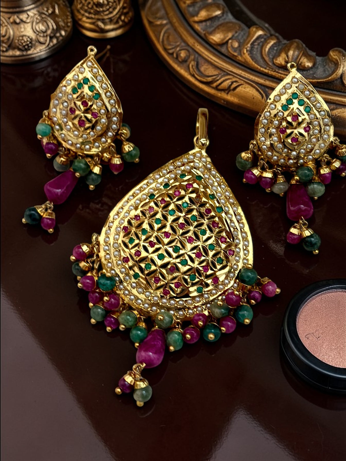 1 Gram Gold plated Real Jadau Pendant set with an elegant Real-gold-inspired design