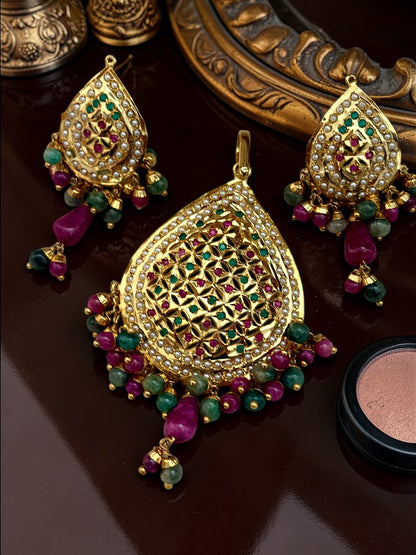 1 Gram Gold plated Real Jadau Pendant set with an elegant Real-gold-inspired design