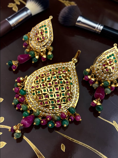 1 Gram Gold plated Real Jadau Pendant set with an elegant Real-gold-inspired design